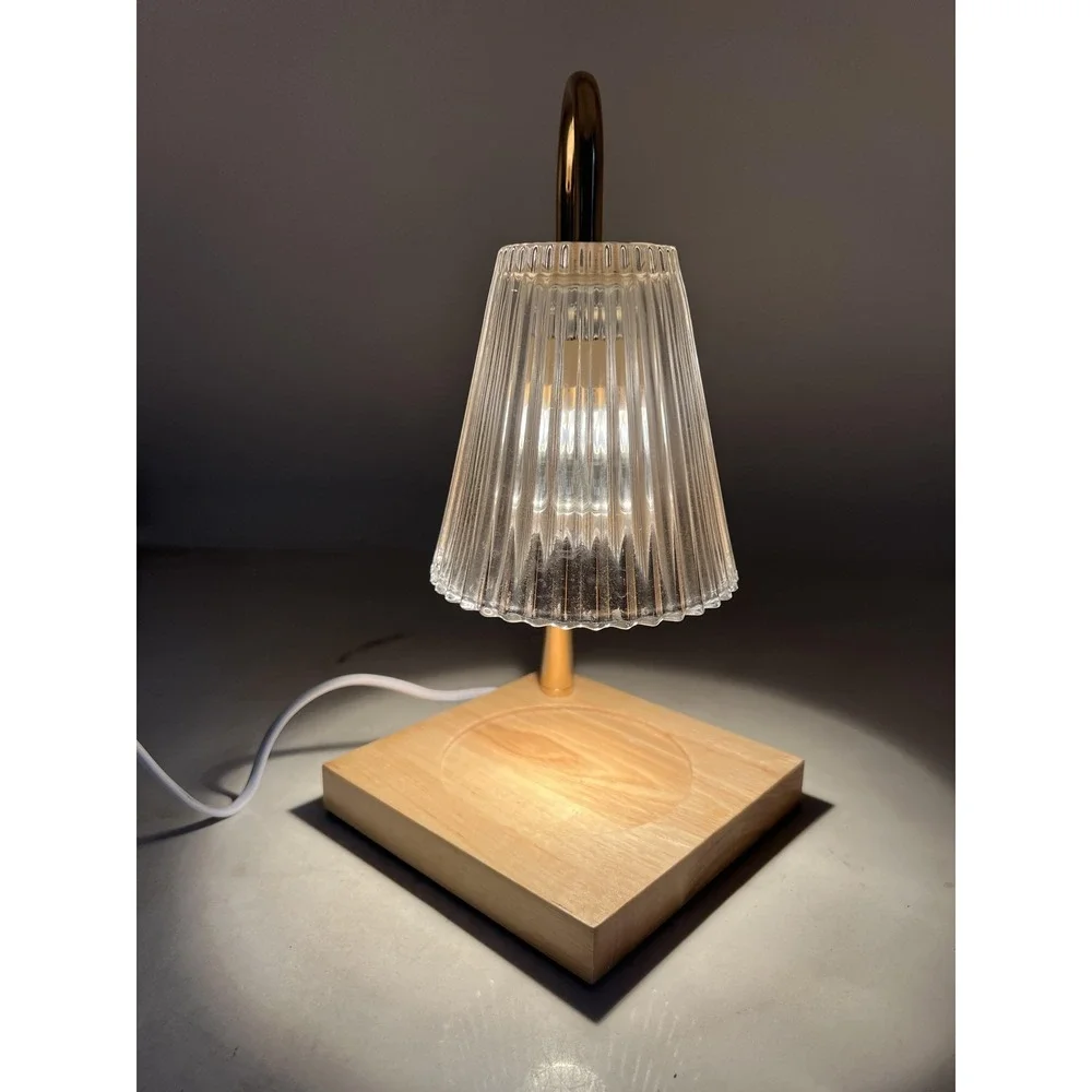 Electric Candle Warmer Lamp Gold Fluted Glass Shade Wood Base Timer Dimmer